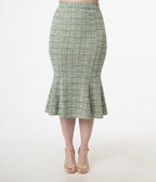 Unique Vintage 1940s Green Plaid Boucle Trumpet Skirt