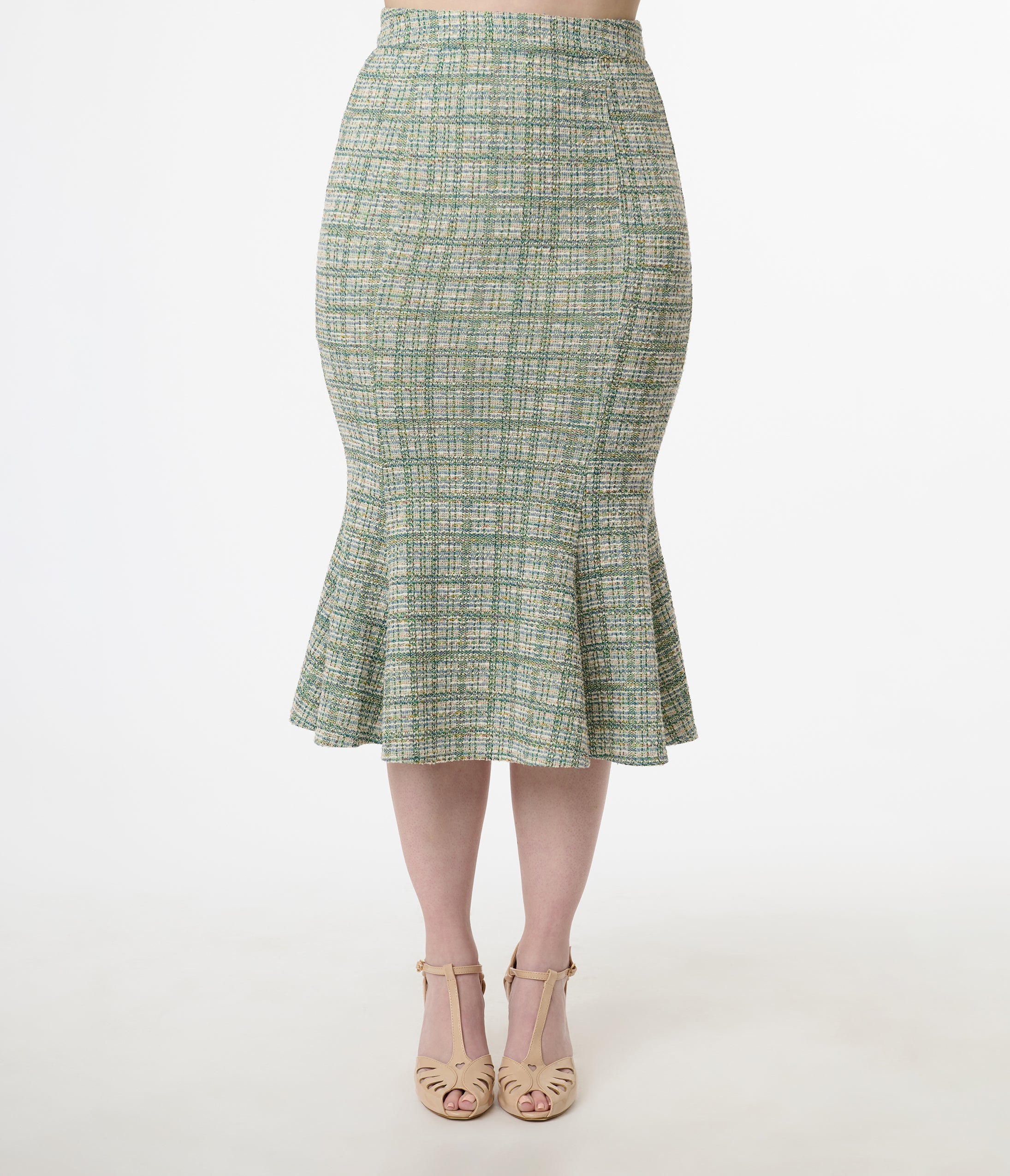 Unique Vintage 1940s Green Plaid Boucle Trumpet Skirt