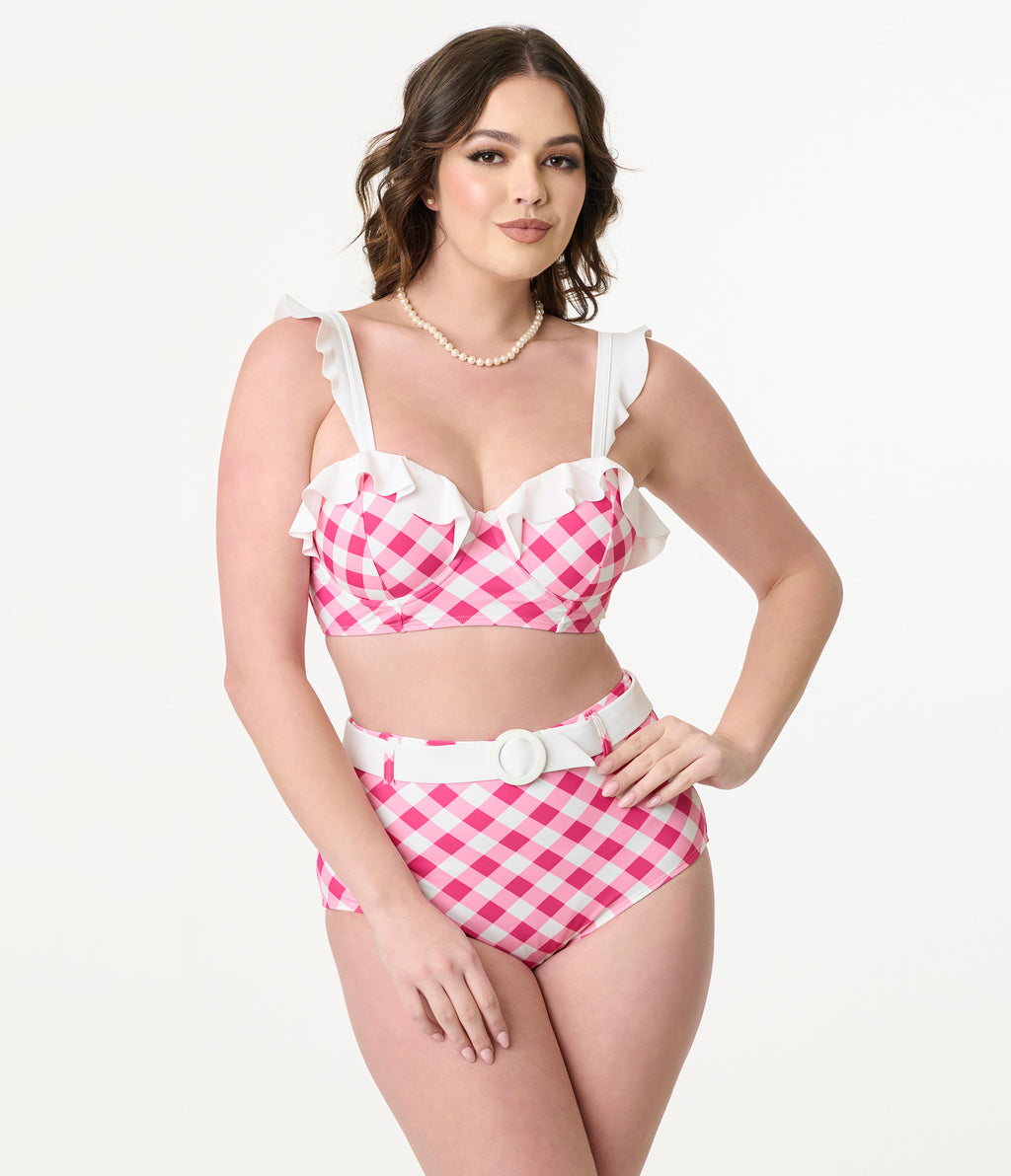 Unique Vintage Pink & White Gingham Southampton Swim Top