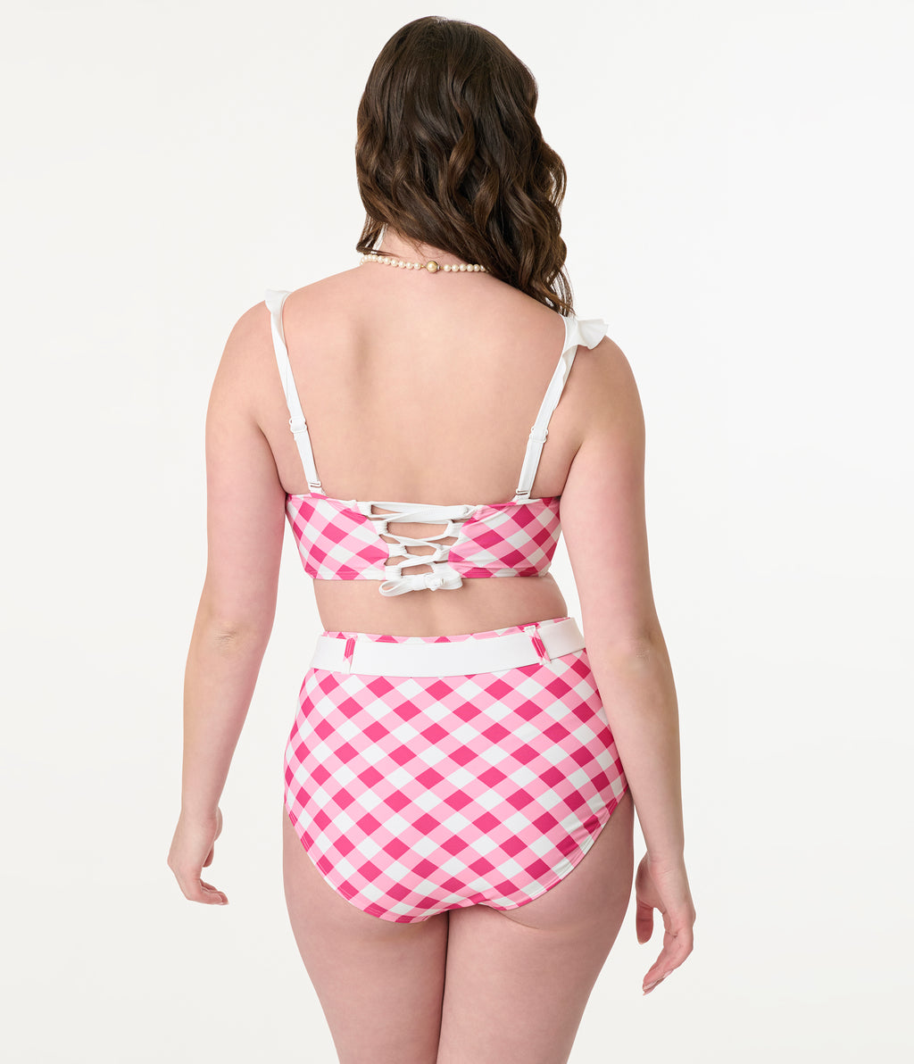 Unique Vintage Pink & White Gingham Southampton Swim Top