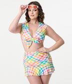 Unique Vintage Rainbow Gingham Ruched Alice Swim Skirt