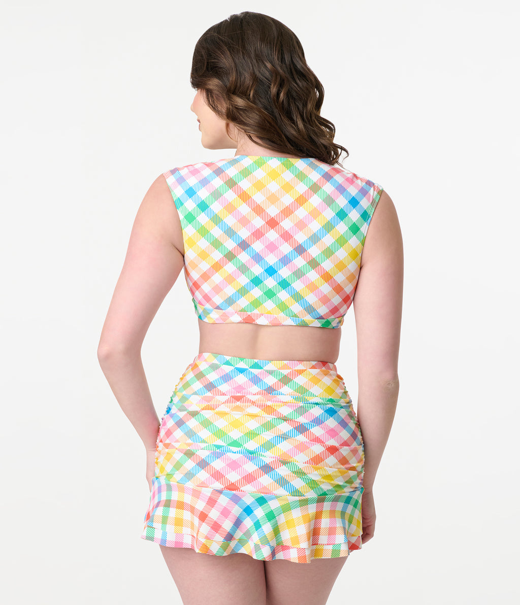 Unique Vintage Rainbow Gingham Ruched Alice Swim Skirt