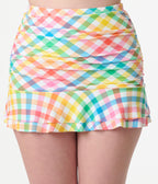 Unique Vintage Rainbow Gingham Ruched Alice Swim Skirt