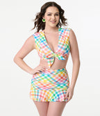 Unique Vintage Bright Rainbow Gingham Swim Top