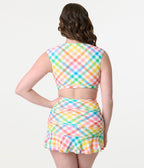 Unique Vintage Bright Rainbow Gingham Swim Top