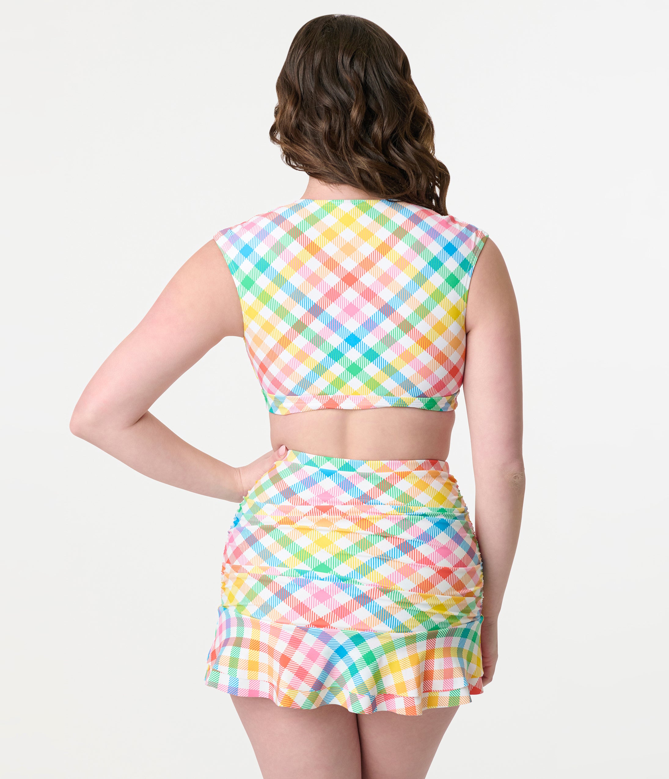 Unique Vintage Bright Rainbow Gingham Swim Top