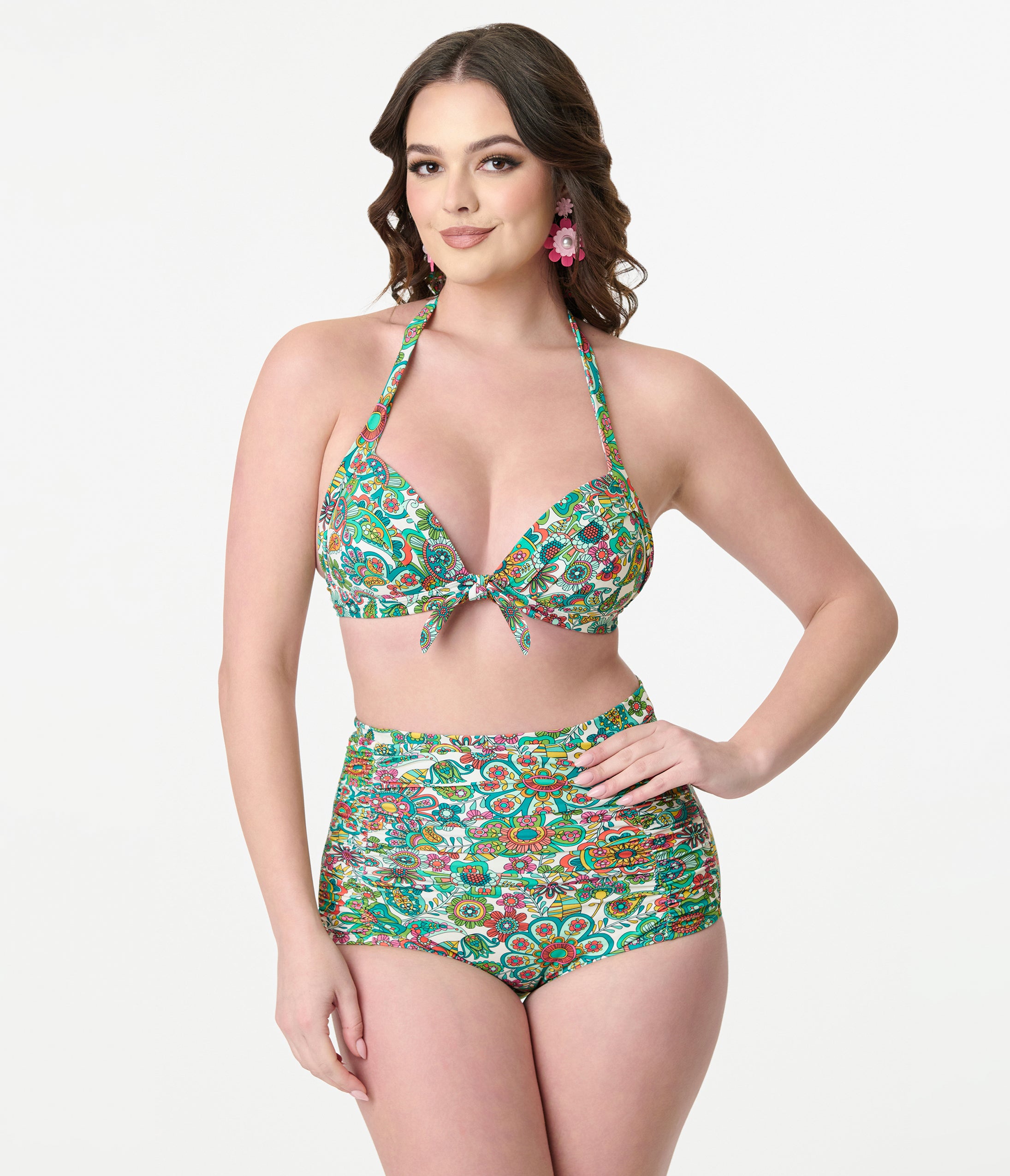 Unique Vintage Green Kaleidoscope Monroe Halter Swim Top