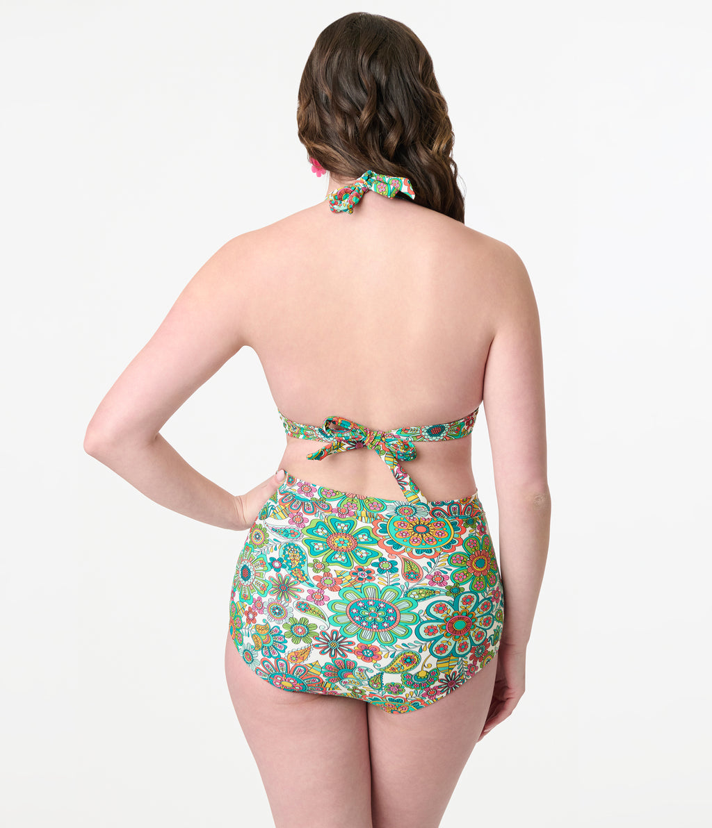 Unique Vintage Green Kaleidoscope Monroe Halter Swim Top