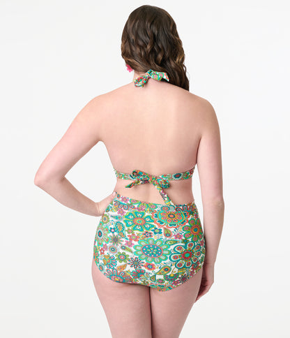 Unique Vintage Green Kaleidoscope Monroe Halter Swim Top