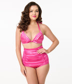 Unique Vintage Pink Shimmer Monroe Halter Swim Top