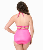 Unique Vintage Pink Shimmer Monroe Halter Swim Top