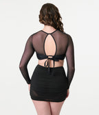 Unique Vintage Black Shirred Skirt Swim Bottom