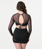 Unique Vintage Black Shirred Skirt Swim Bottom