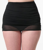 Unique Vintage Black Shirred Skirt Swim Bottom