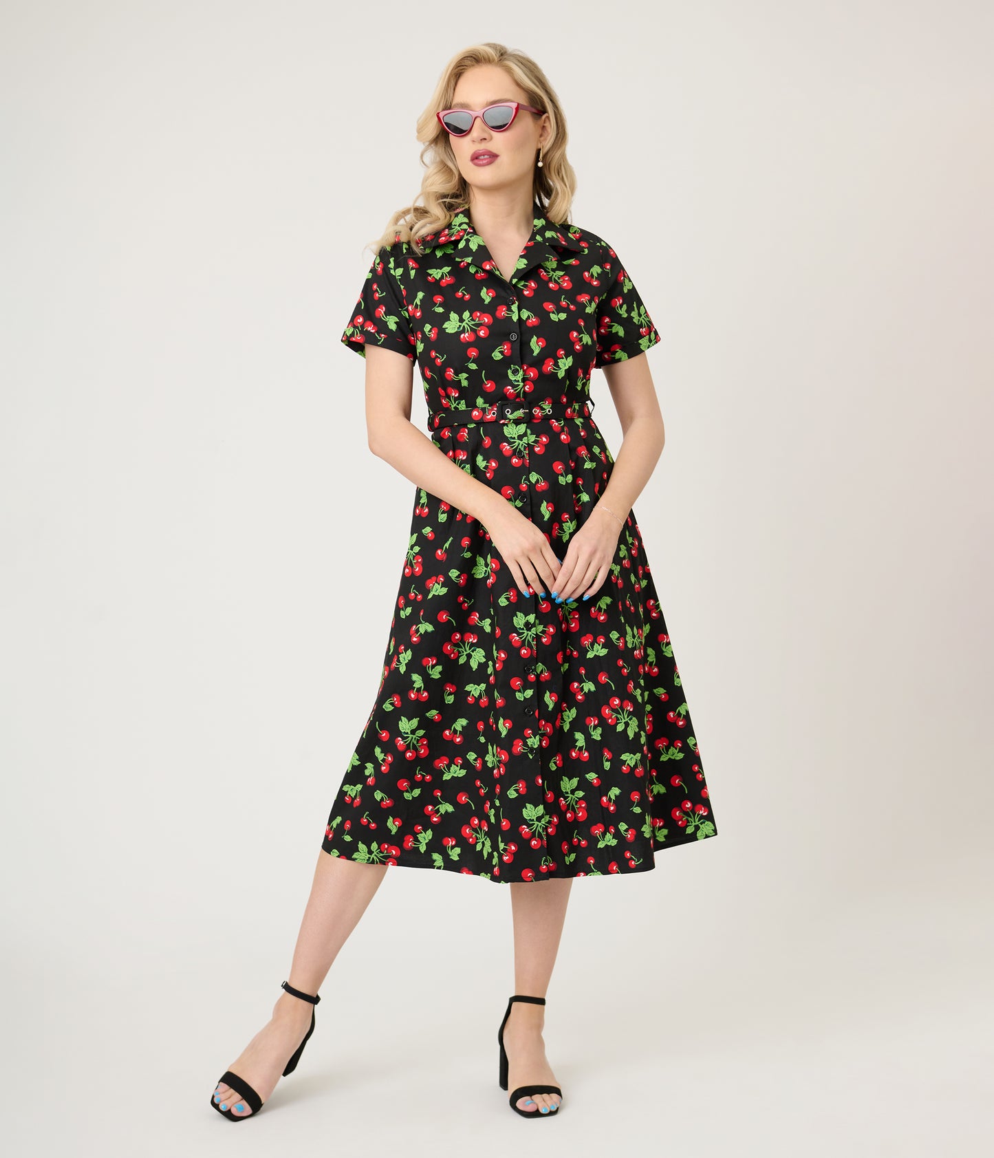 Royal Monk Black & Red Cherries Darla Swing Dress
