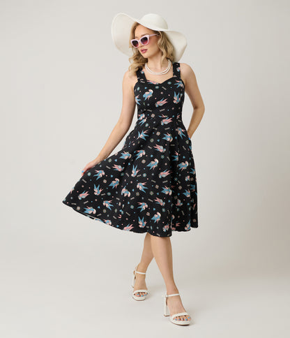 Royal Monk Black & Blue Swallow Print Marilou Swing Dress