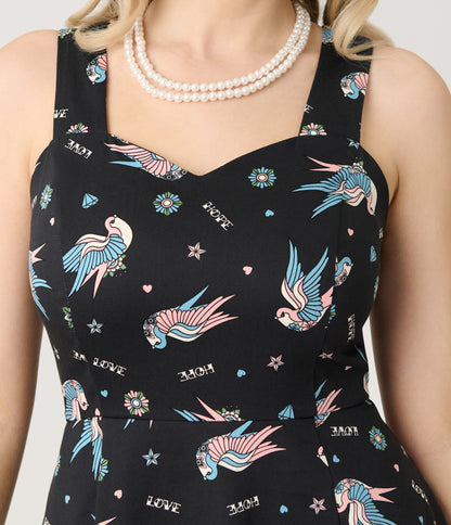 Royal Monk Black & Blue Swallow Print Marilou Swing Dress