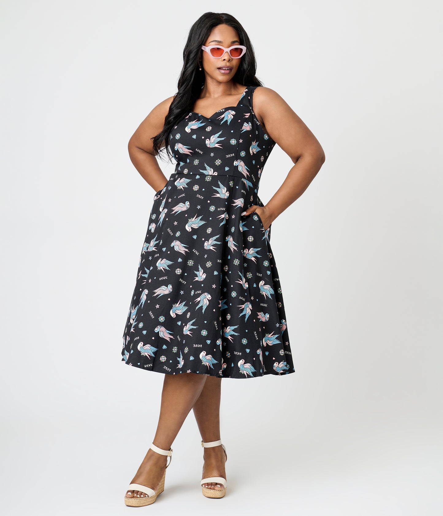 Royal Monk Plus Size Black & Blue Swallow Print Marilou Swing Dress