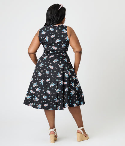 Royal Monk Plus Size Black & Blue Swallow Print Marilou Swing Dress