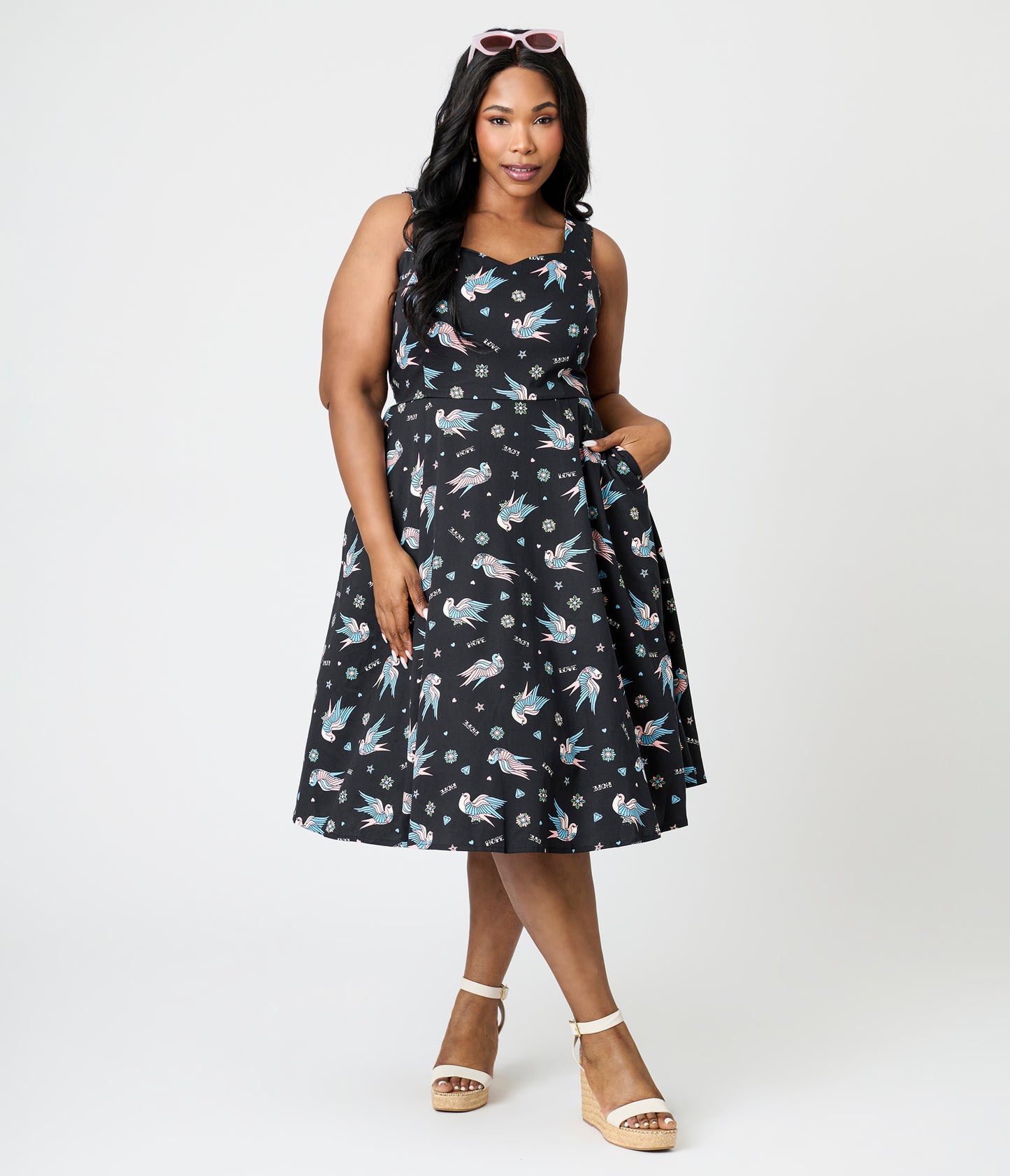 Royal Monk Plus Size Black & Blue Swallow Print Marilou Swing Dress