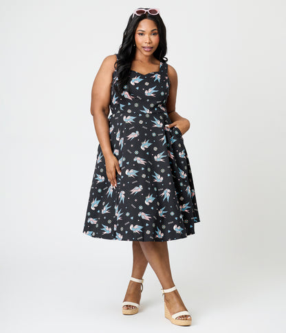 Royal Monk Plus Size Black & Blue Swallow Print Marilou Swing Dress