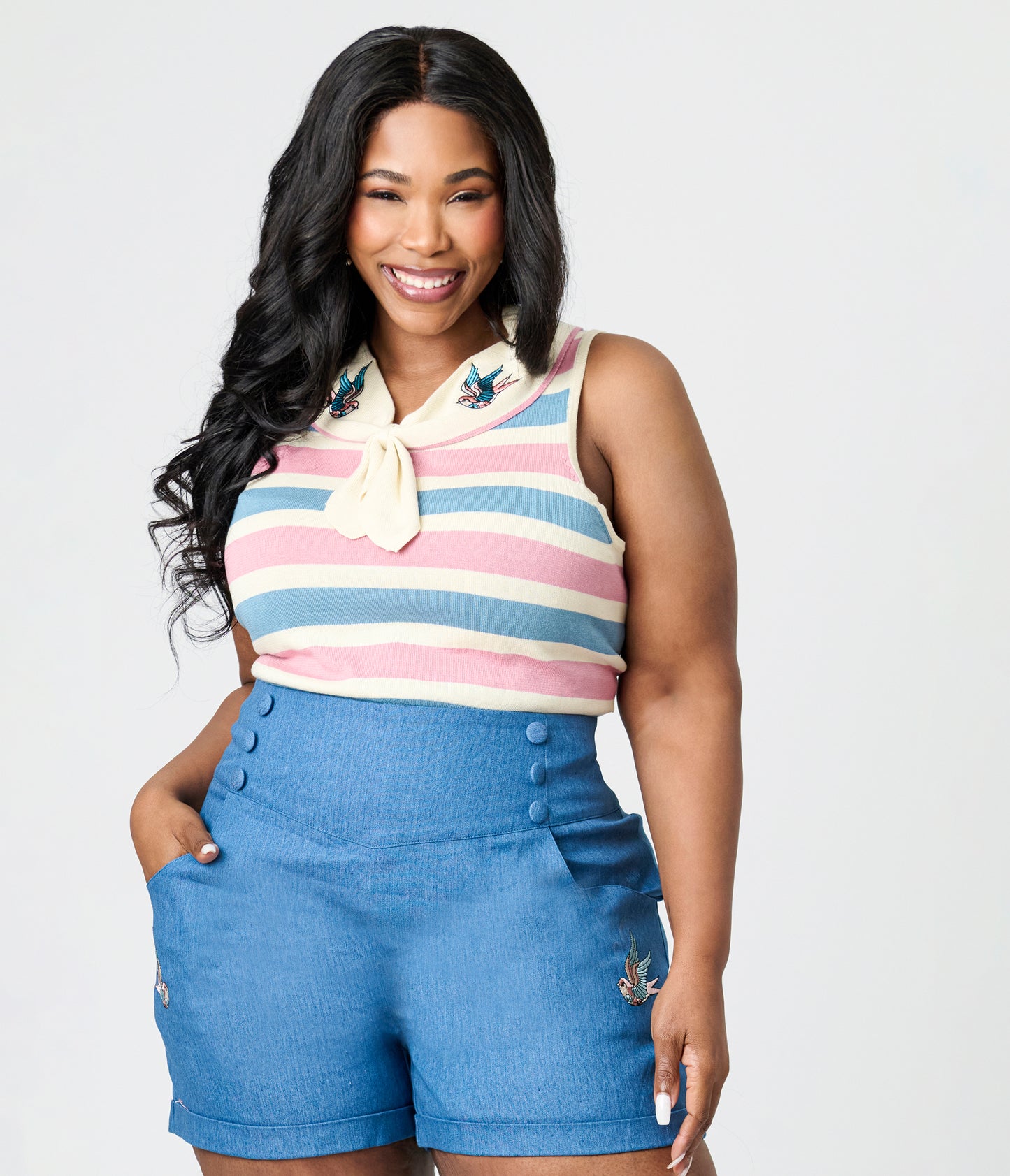 Royal Monk Plus Size Blue & Pink Striped Swallow Zelda Knit Top