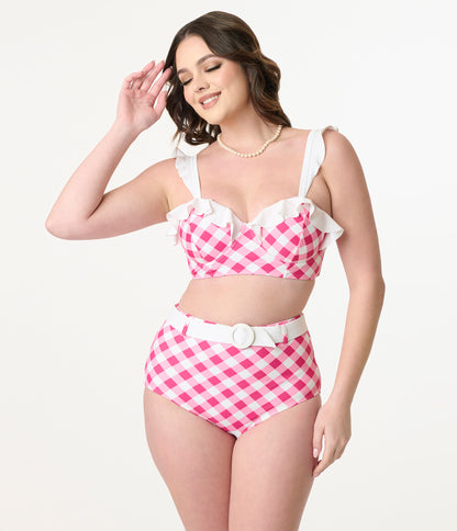 Unique Vintage Pink & White Gingham Belted Redondo Swim Bottoms
