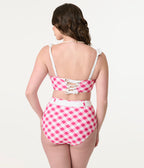 Unique Vintage Pink & White Gingham Belted Redondo Swim Bottoms