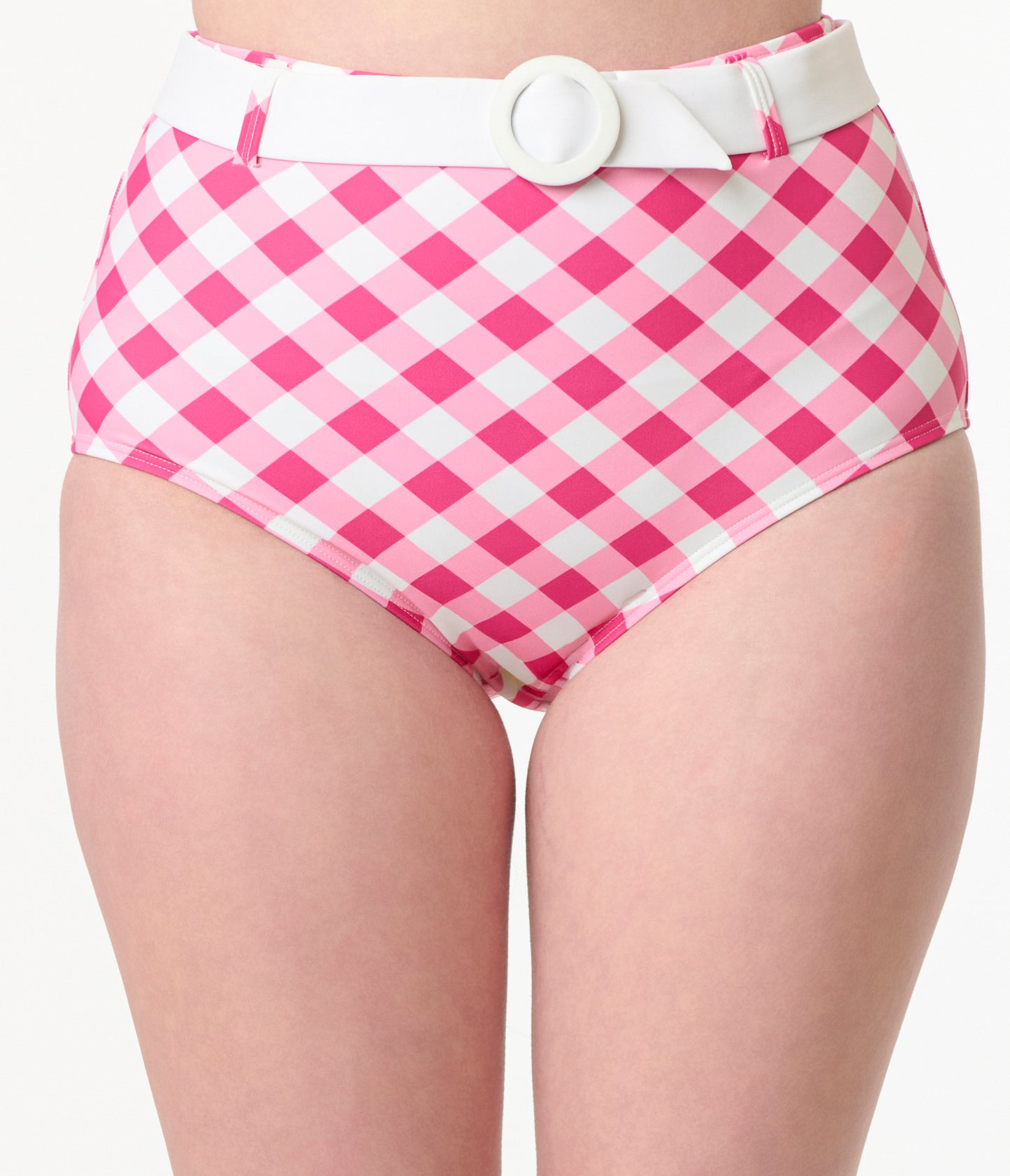 Unique Vintage Pink & White Gingham Belted Redondo Swim Bottoms