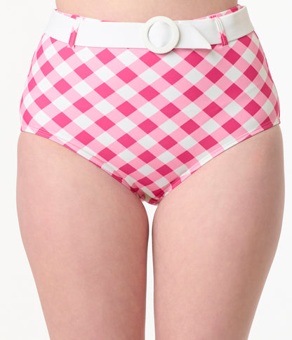 Unique Vintage Pink & White Gingham Belted Redondo Swim Bottoms