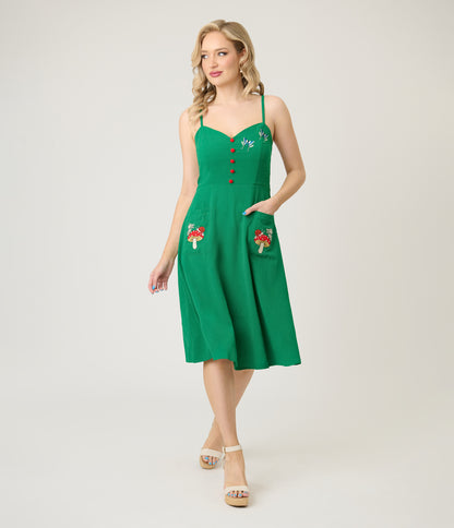 Voodoo Vixen Green Woodland Embroidered Fit & Flare Dress