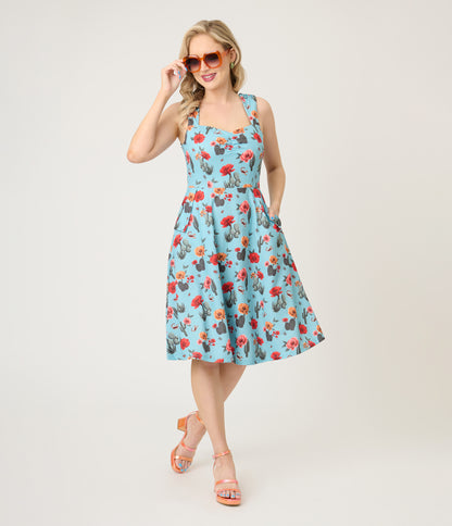 Voodoo Vixen Blue Desert Floral & Cactus Print Swing Dress