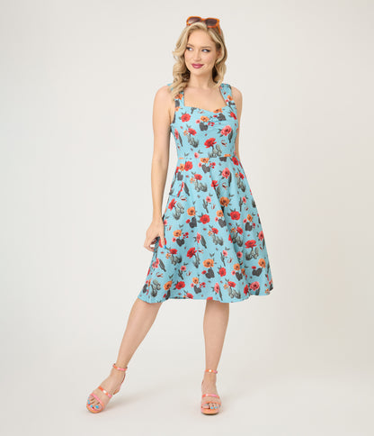 Voodoo Vixen Blue Desert Floral & Cactus Print Swing Dress