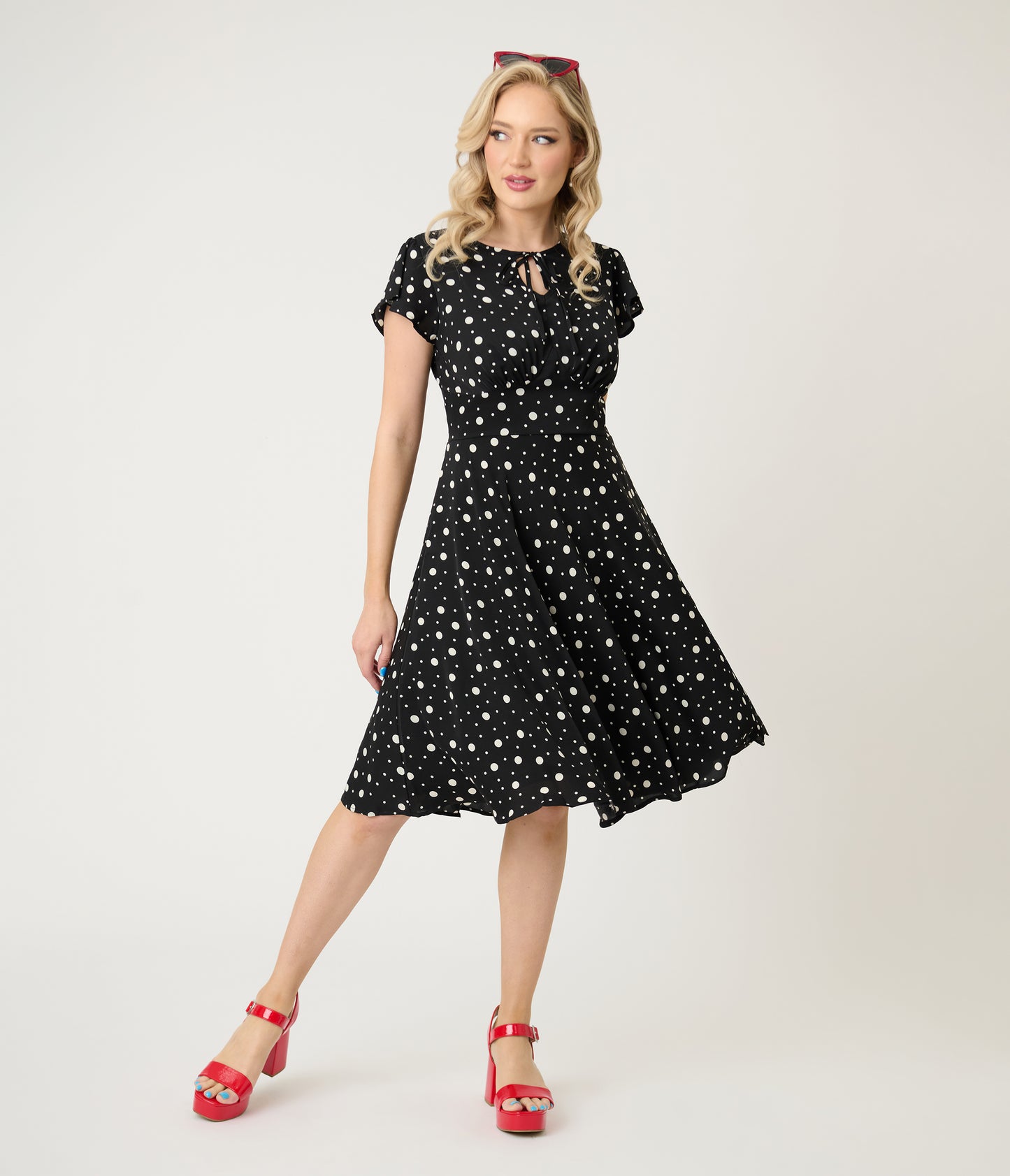 Voodoo Vixen Black & White Polka Dot Flutter Sleeve Fit & Flare Dress