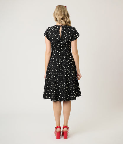 Voodoo Vixen Black & White Polka Dot Flutter Sleeve Fit & Flare Dress