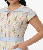 Unique Vintage 1950s Cream & Light Blue Bunny Rabbit Print Hedda Swing Dress