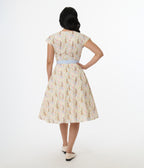 Unique Vintage 1950s Cream & Light Blue Bunny Rabbit Print Hedda Swing Dress