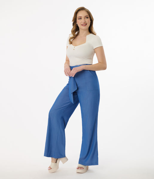 Unique Vintage 1950s Blue Chambray Wide Leg Trousers