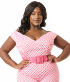 Unique Vintage Plus Size 1960s Pink & White Gingham Off The Shoulder Violet Top