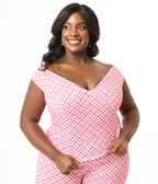Unique Vintage Plus Size 1960s Pink & White Gingham Off The Shoulder Violet Top