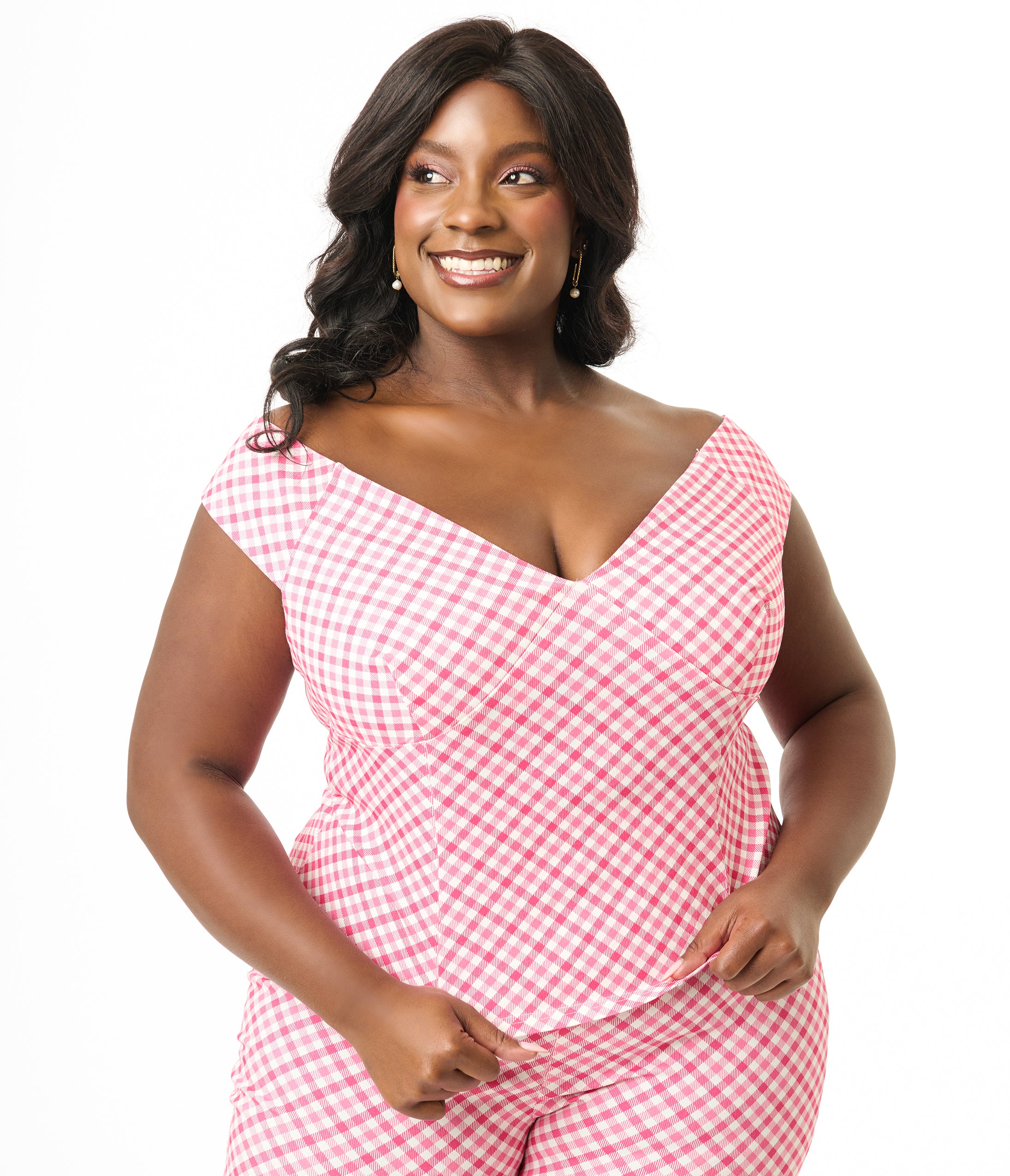 Unique Vintage Plus Size 1960s Pink & White Gingham Off The Shoulder Violet Top