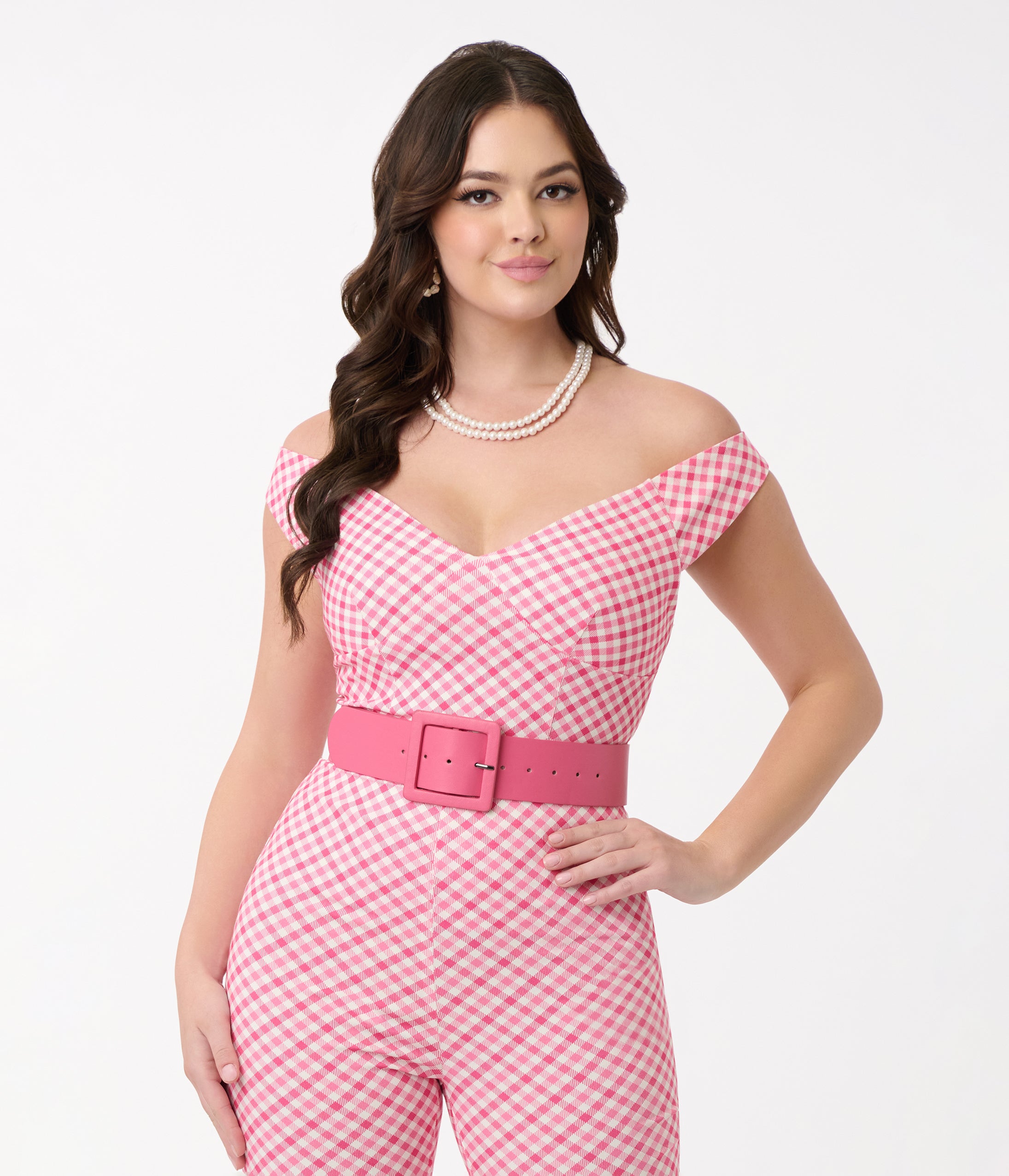 Unique Vintage 1960s Pink & White Gingham Off The Shoulder Violet Top