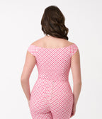 Unique Vintage 1960s Pink & White Gingham Off The Shoulder Violet Top
