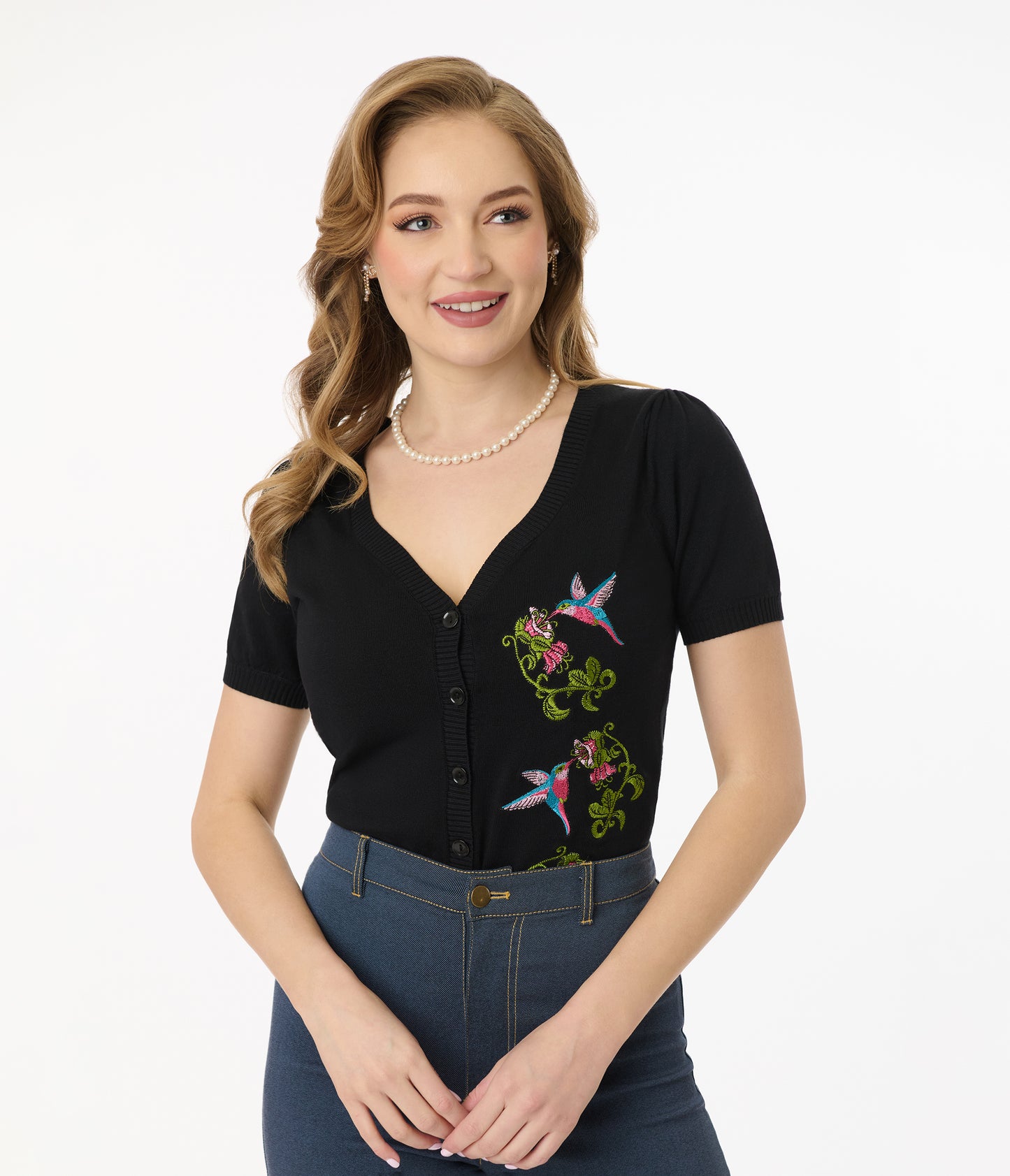 Unique Vintage 1950s Black Hummingbird Embroidered Cardigan