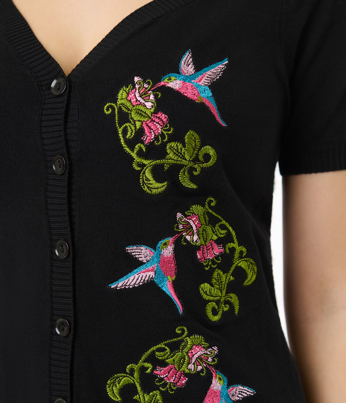 Unique Vintage 1950s Black Hummingbird Embroidered Cardigan