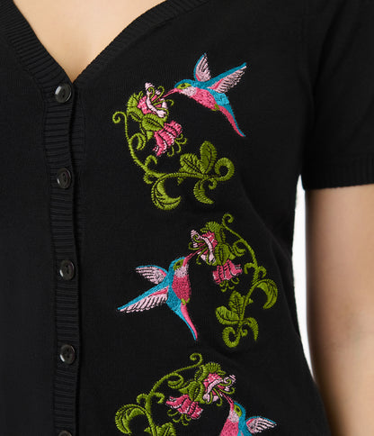Unique Vintage 1950s Black Hummingbird Embroidered Cardigan