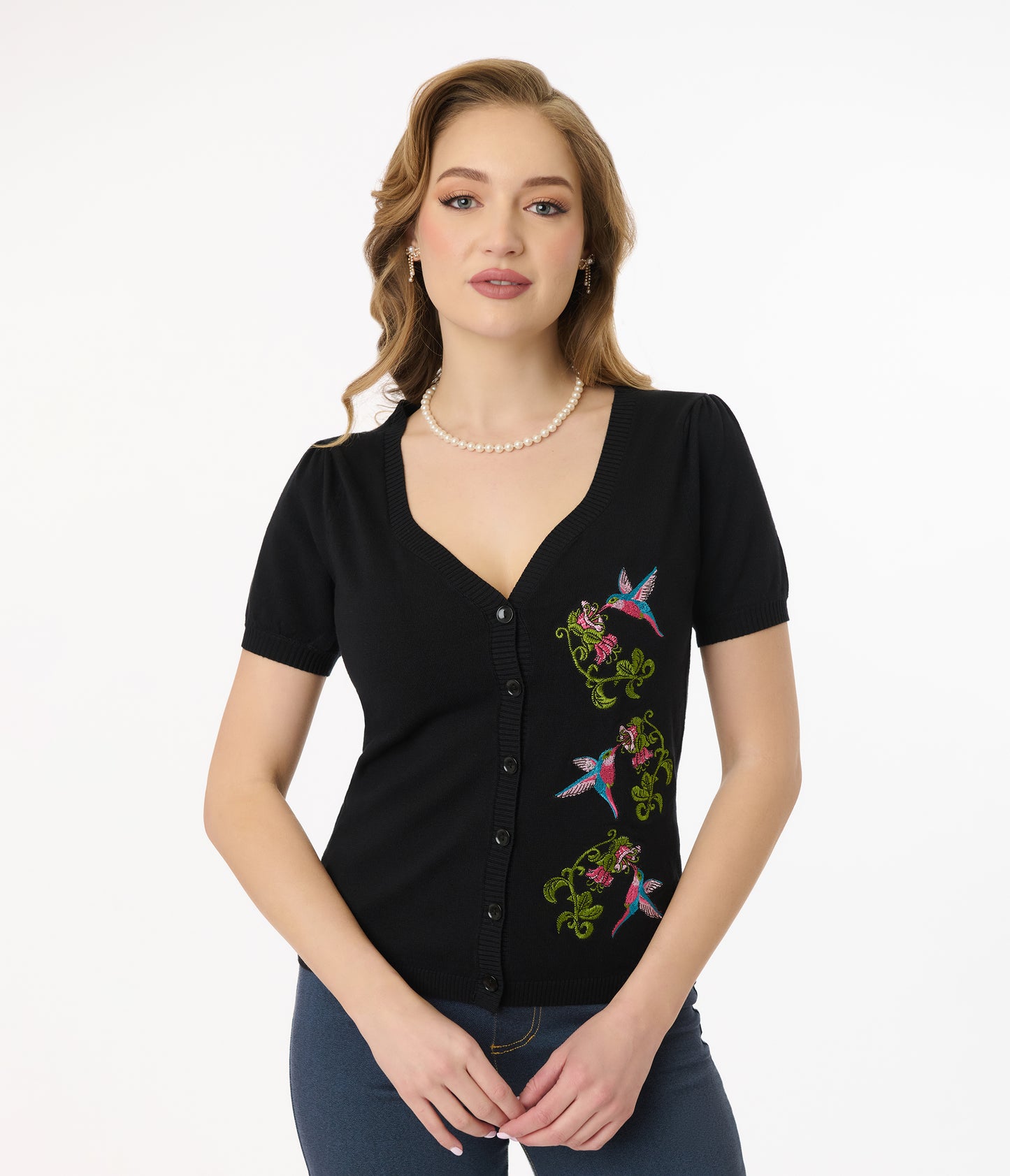 Unique Vintage 1950s Black Hummingbird Embroidered Cardigan