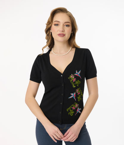 Unique Vintage 1950s Black Hummingbird Embroidered Cardigan