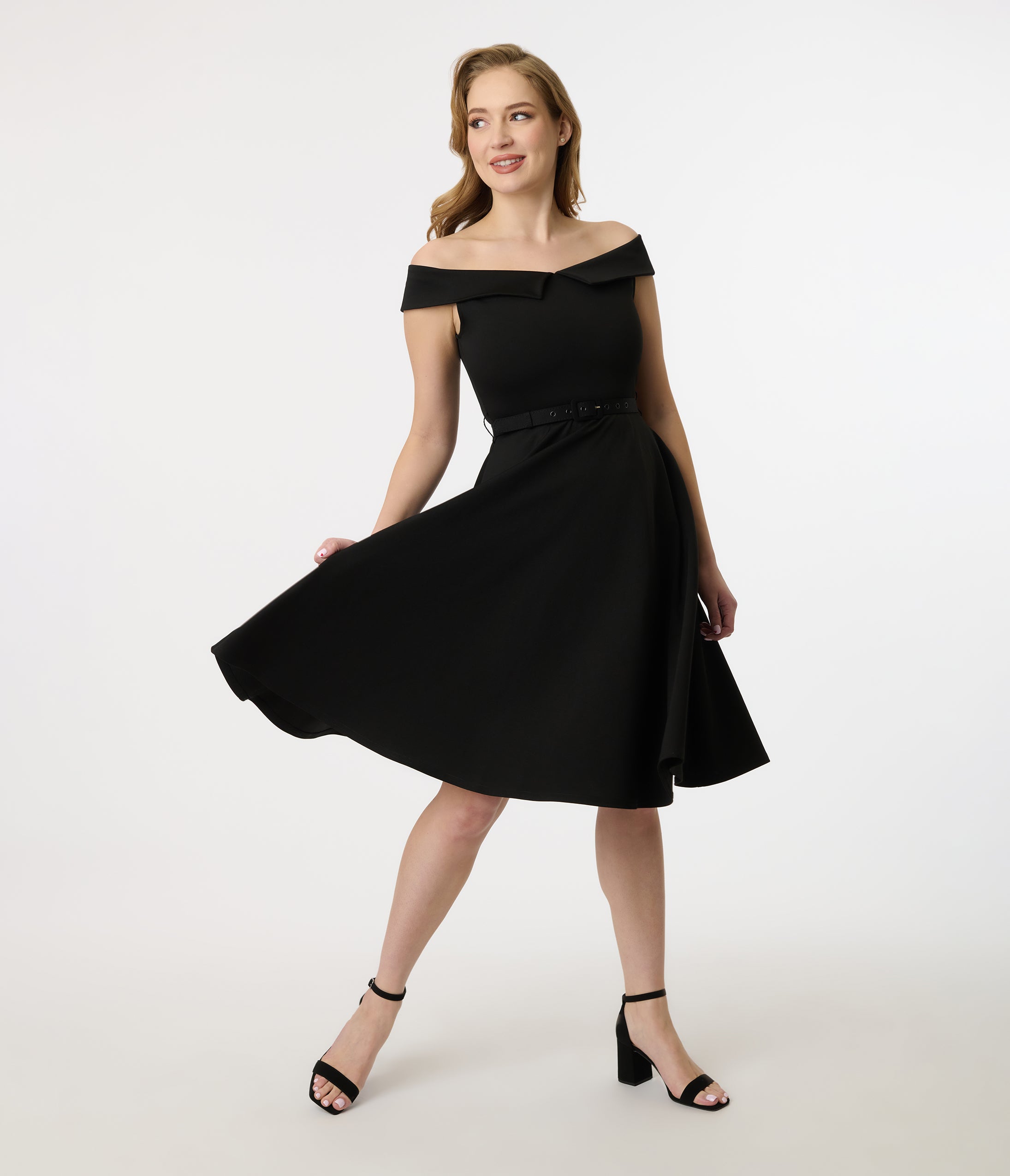 Unique Vintage 1950s Black Off the Shoulder Swing Dress