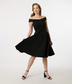 Unique Vintage 1950s Black Off the Shoulder Swing Dress
